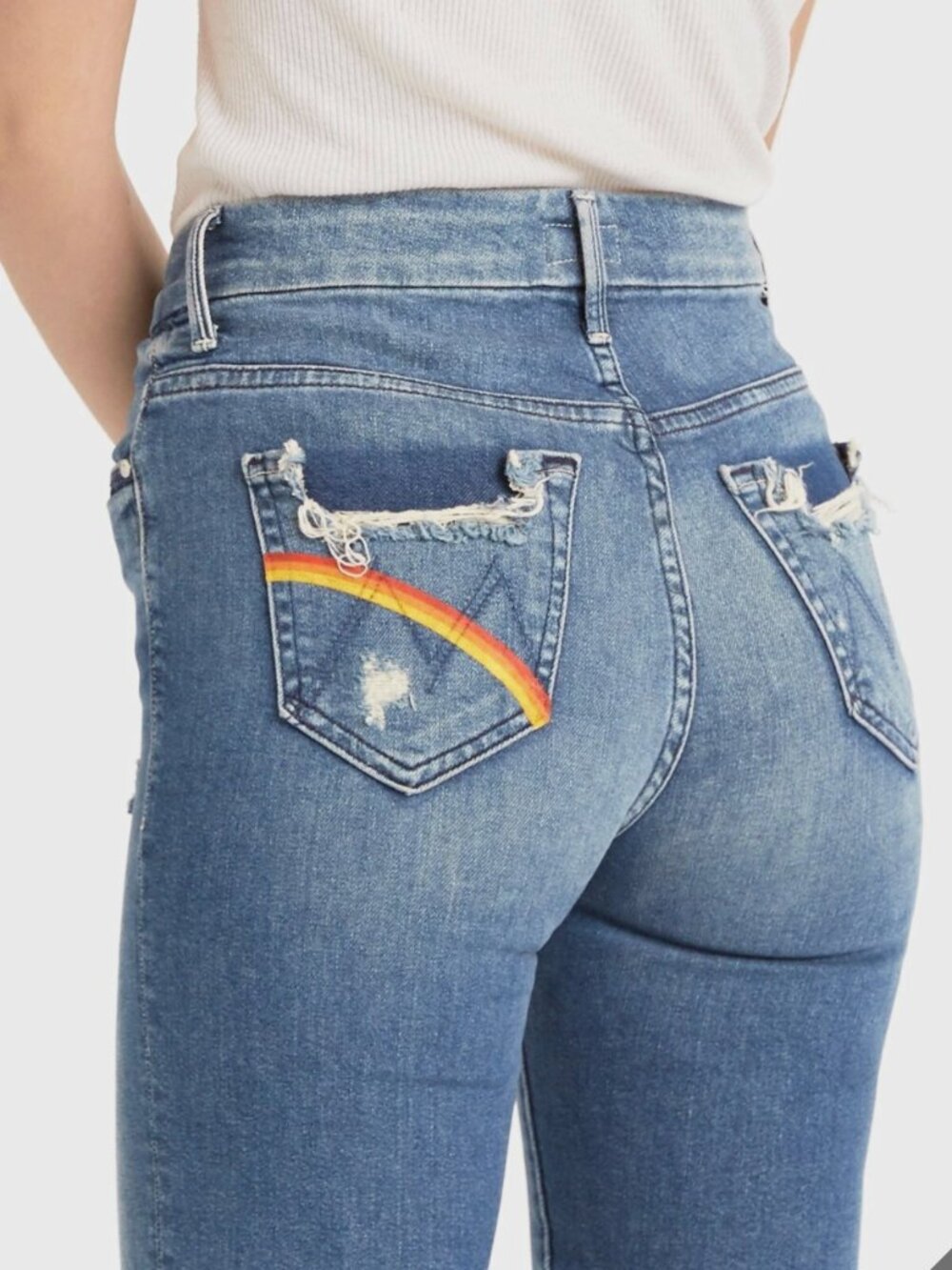 MOTHER High Waisted Looker Learning to Hula Rainbow Pocket Distressed Jeans 30